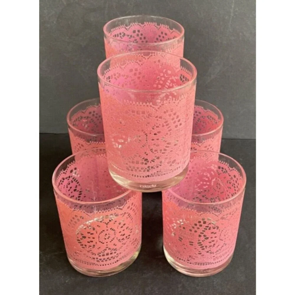 Set of 6 MCM Barware Highball Glasses Pink Lace TasteSetter Vintage Retro RARE